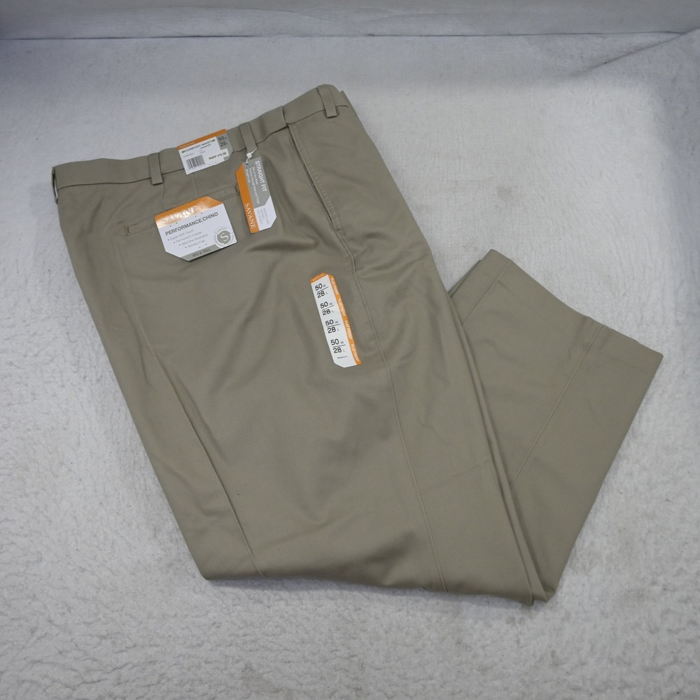 Savane Performance Chino Mens 50x28 NEW Straight Fit Khaki Flat Front Pants